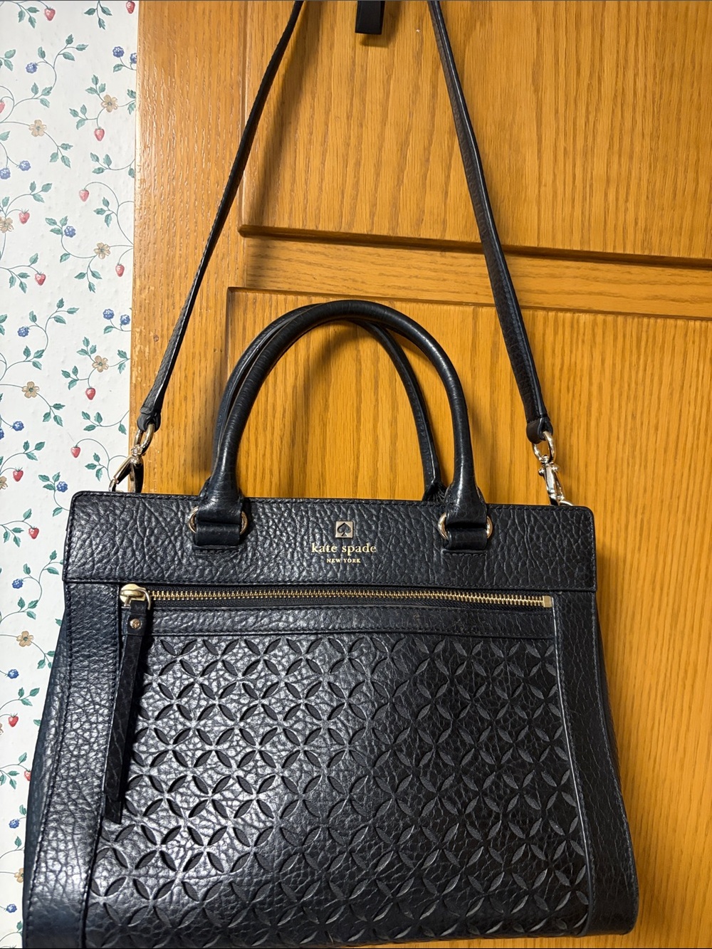 Kate Spade Black Perforated  Leather Perry Roma Satchel w/ Gold Hardware